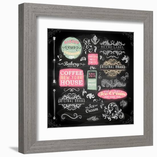 Set of Vintage Chalkboard Bakery Logo Badges and Labels for Retro Design. Chalkboard Illustration V-Ozerina Anna-Framed Art Print