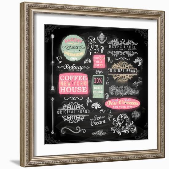 Set of Vintage Chalkboard Bakery Logo Badges and Labels for Retro Design. Chalkboard Illustration V-Ozerina Anna-Framed Art Print