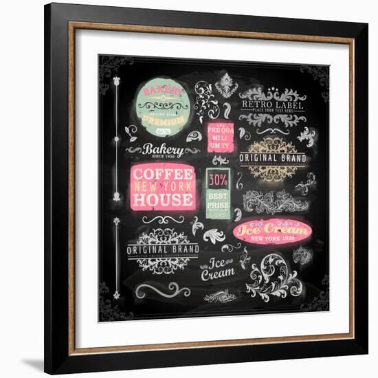 Set of Vintage Chalkboard Bakery Logo Badges and Labels for Retro Design. Chalkboard Illustration V-Ozerina Anna-Framed Art Print