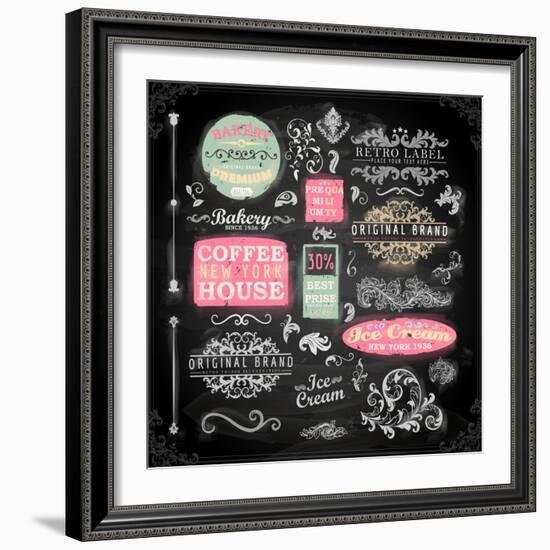 Set of Vintage Chalkboard Bakery Logo Badges and Labels for Retro Design. Chalkboard Illustration V-Ozerina Anna-Framed Art Print