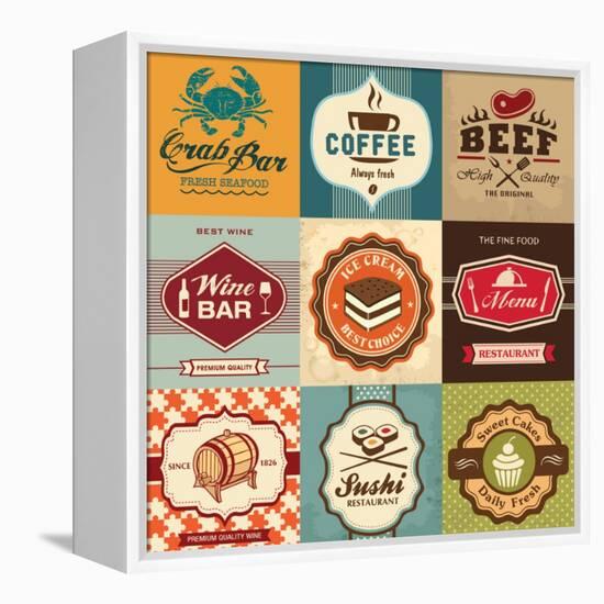 Set Of Vintage Retro Labels For Food, Coffee, Seafood, Bakery, Restaurant Cafe And Bar-Catherinecml-Framed Stretched Canvas