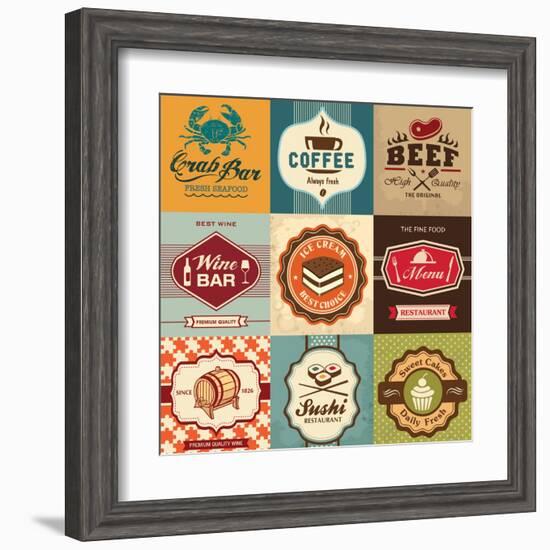 Set Of Vintage Retro Labels For Food, Coffee, Seafood, Bakery, Restaurant Cafe And Bar-Catherinecml-Framed Art Print