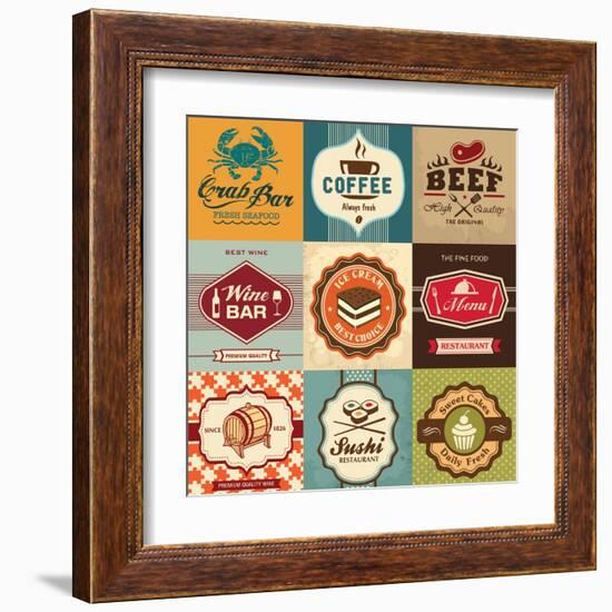 Set Of Vintage Retro Labels For Food, Coffee, Seafood, Bakery, Restaurant Cafe And Bar-Catherinecml-Framed Art Print