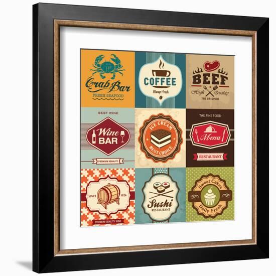 Set Of Vintage Retro Labels For Food, Coffee, Seafood, Bakery, Restaurant Cafe And Bar-Catherinecml-Framed Art Print