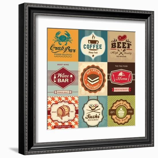 Set Of Vintage Retro Labels For Food, Coffee, Seafood, Bakery, Restaurant Cafe And Bar-Catherinecml-Framed Art Print