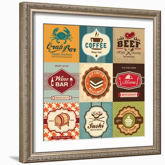 Set Of Vintage Retro Labels For Food, Coffee, Seafood, Bakery, Restaurant Cafe And Bar-Catherinecml-Framed Art Print