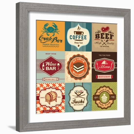 Set Of Vintage Retro Labels For Food, Coffee, Seafood, Bakery, Restaurant Cafe And Bar-Catherinecml-Framed Art Print