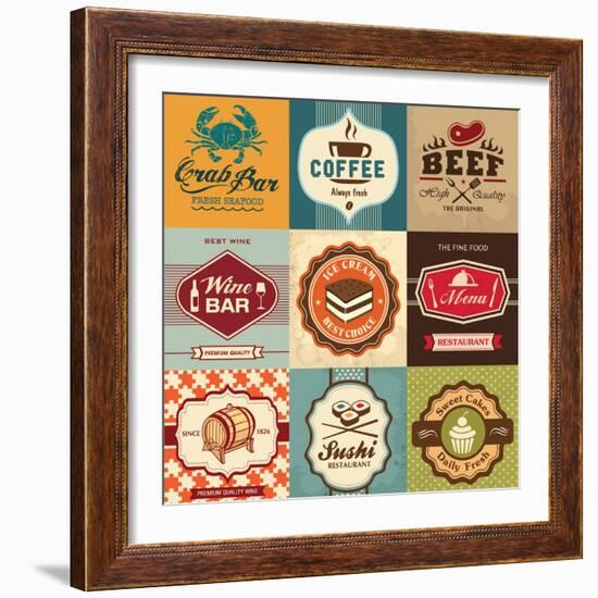 Set Of Vintage Retro Labels For Food, Coffee, Seafood, Bakery, Restaurant Cafe And Bar-Catherinecml-Framed Art Print