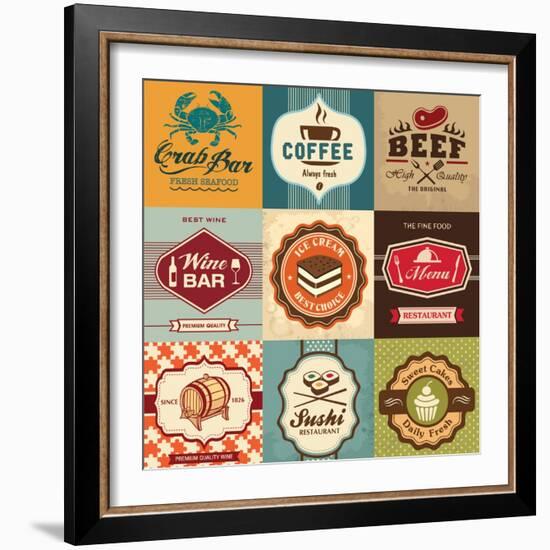 Set Of Vintage Retro Labels For Food, Coffee, Seafood, Bakery, Restaurant Cafe And Bar-Catherinecml-Framed Art Print