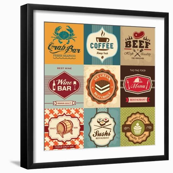 Set Of Vintage Retro Labels For Food, Coffee, Seafood, Bakery, Restaurant Cafe And Bar-Catherinecml-Framed Art Print