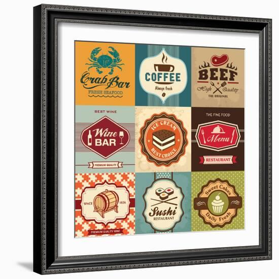 Set Of Vintage Retro Labels For Food, Coffee, Seafood, Bakery, Restaurant Cafe And Bar-Catherinecml-Framed Art Print