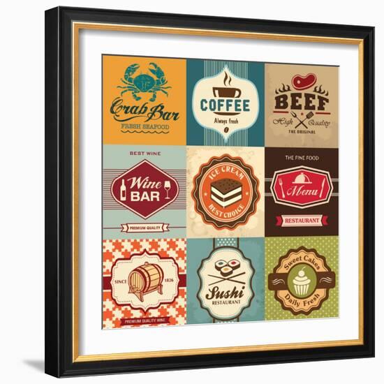 Set Of Vintage Retro Labels For Food, Coffee, Seafood, Bakery, Restaurant Cafe And Bar-Catherinecml-Framed Art Print