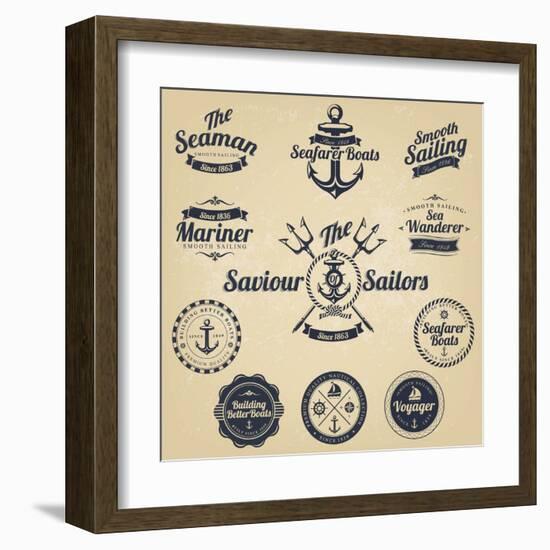 Set of Vintage Retro Nautical Badges and Labels-Oros Gabor-Framed Art Print