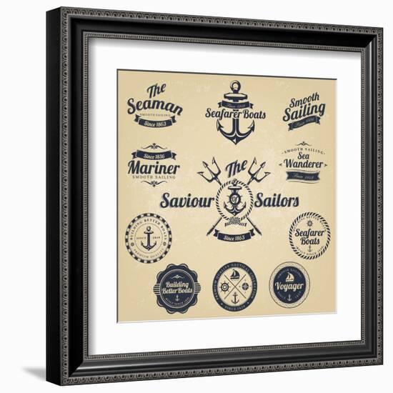 Set of Vintage Retro Nautical Badges and Labels-Oros Gabor-Framed Art Print