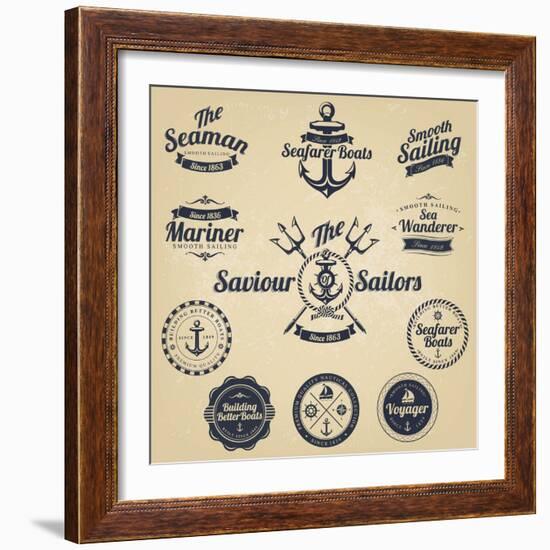 Set of Vintage Retro Nautical Badges and Labels-Oros Gabor-Framed Art Print