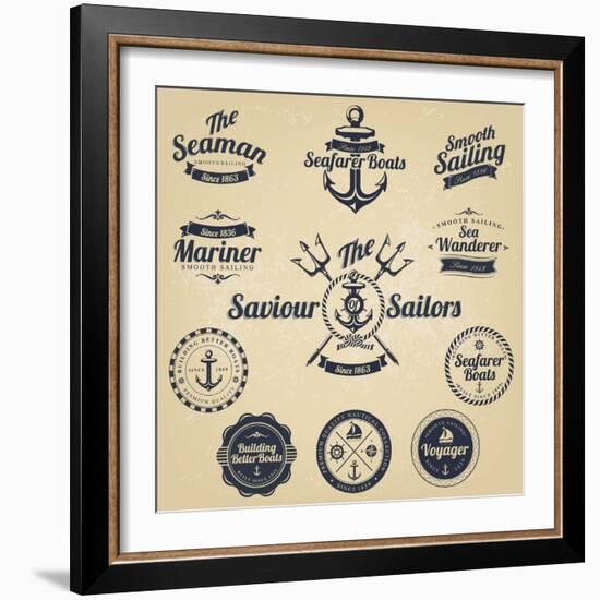 Set of Vintage Retro Nautical Badges and Labels-Oros Gabor-Framed Art Print