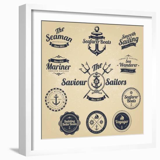 Set of Vintage Retro Nautical Badges and Labels-Oros Gabor-Framed Art Print