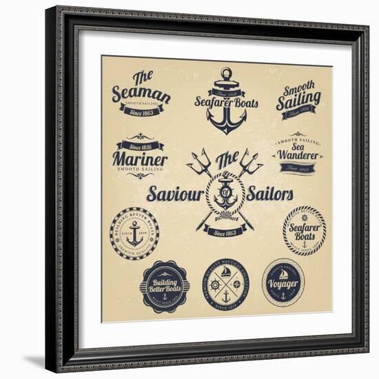 Set of Vintage Retro Nautical Badges and Labels-Oros Gabor-Framed Art Print