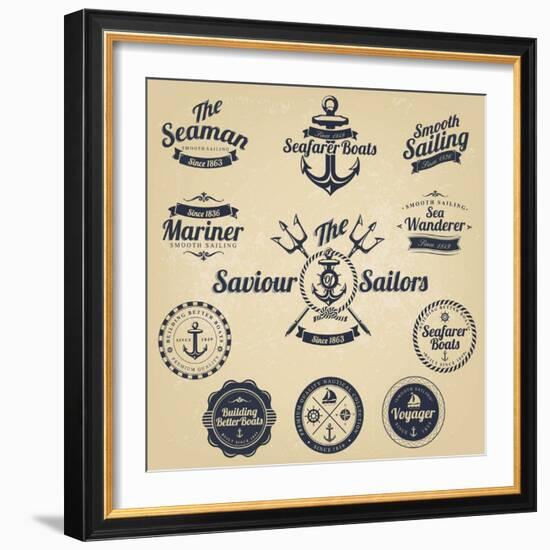 Set of Vintage Retro Nautical Badges and Labels-Oros Gabor-Framed Art Print