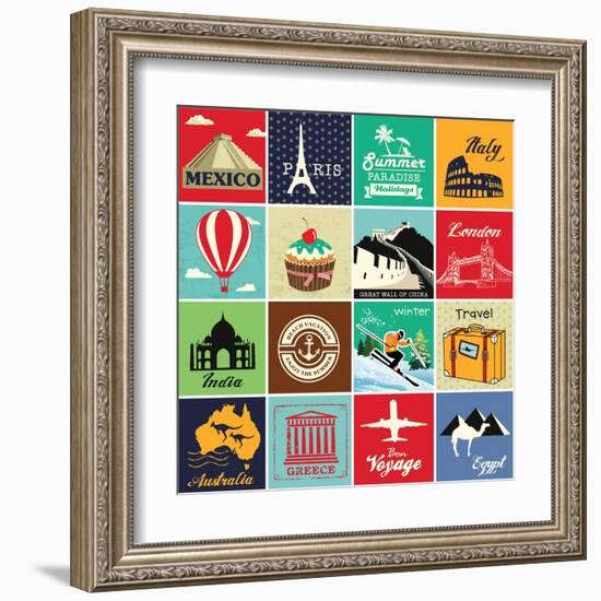 Set Of Vintage Retro Vacation And Travel Label Cards And Symbols-Catherinecml-Framed Art Print