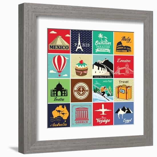 Set Of Vintage Retro Vacation And Travel Label Cards And Symbols-Catherinecml-Framed Art Print