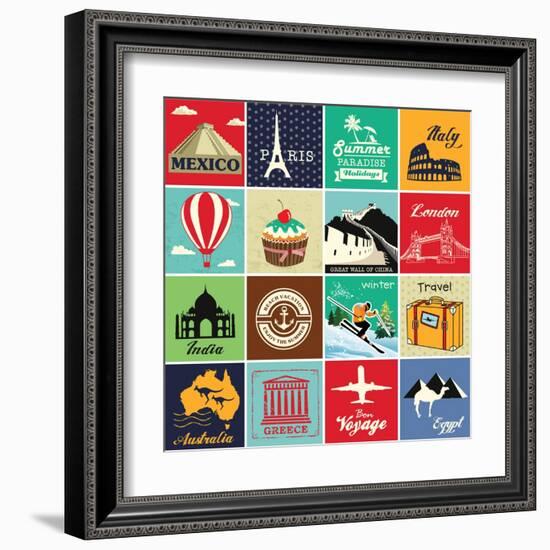 Set Of Vintage Retro Vacation And Travel Label Cards And Symbols-Catherinecml-Framed Art Print