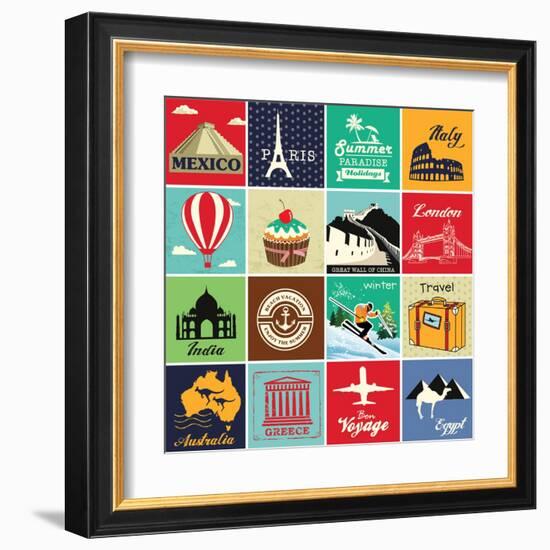 Set Of Vintage Retro Vacation And Travel Label Cards And Symbols-Catherinecml-Framed Art Print