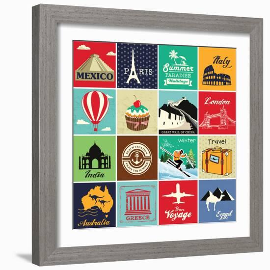 Set Of Vintage Retro Vacation And Travel Label Cards And Symbols-Catherinecml-Framed Art Print