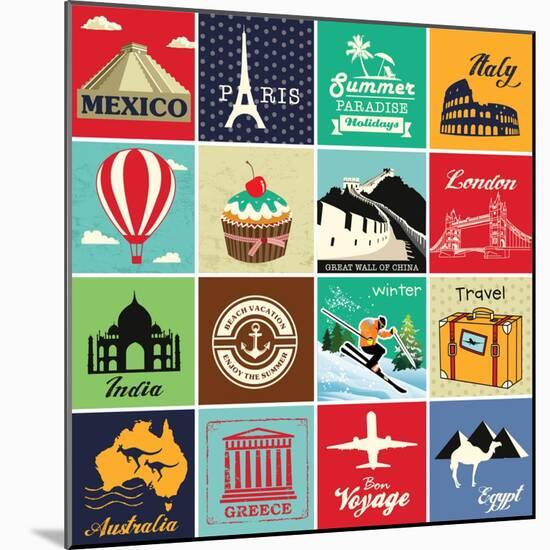 Set Of Vintage Retro Vacation And Travel Label Cards And Symbols-Catherinecml-Mounted Art Print
