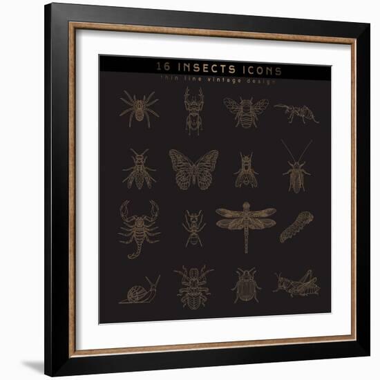 Set of Vintage Thin Line Insects Icons. Retro Vector Design Labels, Badges, Graphic Element, Emblem-karnoff-Framed Art Print