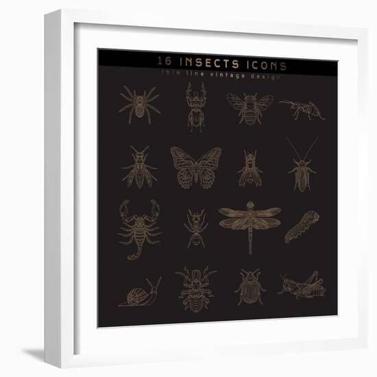 Set of Vintage Thin Line Insects Icons. Retro Vector Design Labels, Badges, Graphic Element, Emblem-karnoff-Framed Art Print