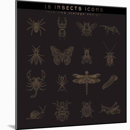 Set of Vintage Thin Line Insects Icons. Retro Vector Design Labels, Badges, Graphic Element, Emblem-karnoff-Mounted Art Print