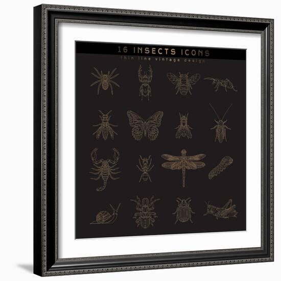 Set of Vintage Thin Line Insects Icons. Retro Vector Design Labels, Badges, Graphic Element, Emblem-karnoff-Framed Art Print