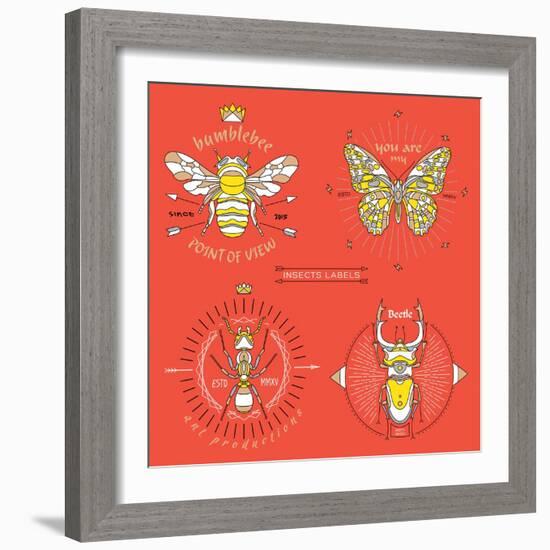 Set of Vintage Thin Line Insects Labels & Badges. Retro Vector Design Graphic Element, Emblem, Logo-karnoff-Framed Art Print