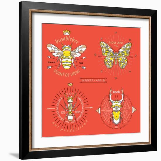 Set of Vintage Thin Line Insects Labels & Badges. Retro Vector Design Graphic Element, Emblem, Logo-karnoff-Framed Art Print