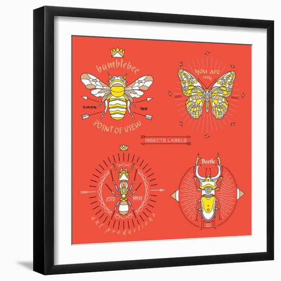 Set of Vintage Thin Line Insects Labels & Badges. Retro Vector Design Graphic Element, Emblem, Logo-karnoff-Framed Art Print