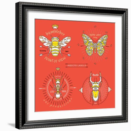 Set of Vintage Thin Line Insects Labels & Badges. Retro Vector Design Graphic Element, Emblem, Logo-karnoff-Framed Art Print