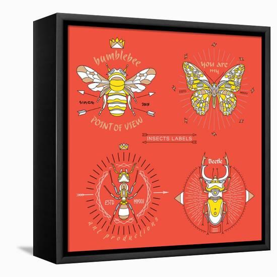 Set of Vintage Thin Line Insects Labels & Badges. Retro Vector Design Graphic Element, Emblem, Logo-karnoff-Framed Stretched Canvas