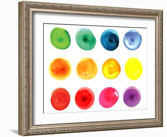 Set of Watercolor Circles  in Vibrant Colors. Watercolor Wet Stains Isolated on White.-LiMaxo-Framed Art Print