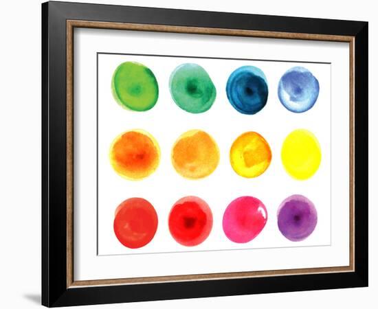 Set of Watercolor Circles  in Vibrant Colors. Watercolor Wet Stains Isolated on White.-LiMaxo-Framed Art Print