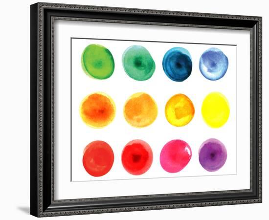 Set of Watercolor Circles  in Vibrant Colors. Watercolor Wet Stains Isolated on White.-LiMaxo-Framed Art Print