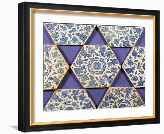 Seven Iznik Blue and White Hexagonal Pottery Tiles, circa 1540-null-Framed Giclee Print