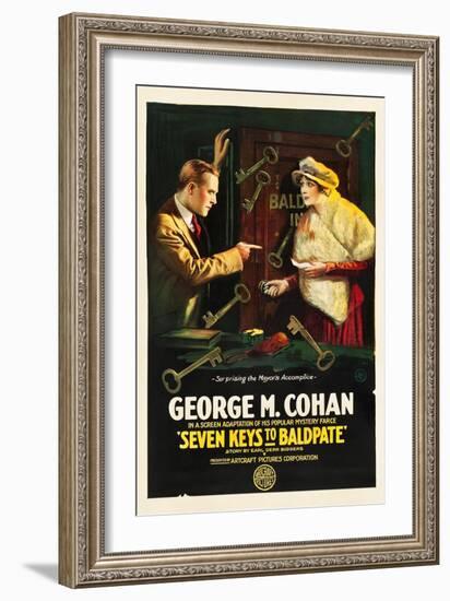 SEVEN KEYS TO BALDPATE, l-r: George M. Cohan, Anna Q. Nilsson on poster art, 1917.-null-Framed Art Print