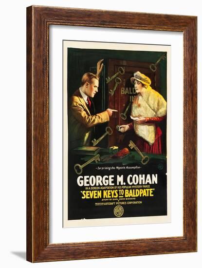 SEVEN KEYS TO BALDPATE, l-r: George M. Cohan, Anna Q. Nilsson on poster art, 1917.-null-Framed Art Print