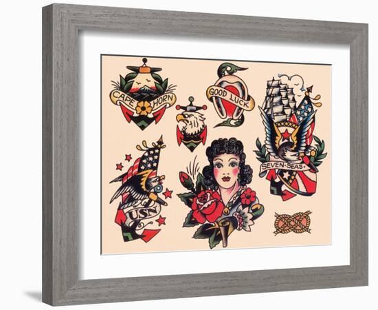 "Seven Seas" Authentic Tattoo Flash by Norman Collins, aka, Sailor Jerry-null-Framed Art Print