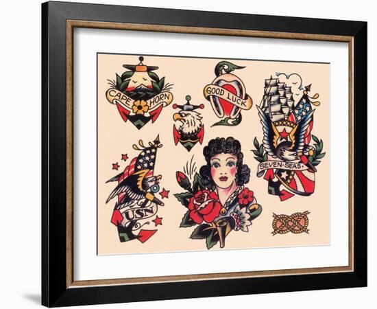 "Seven Seas" Authentic Tattoo Flash by Norman Collins, aka, Sailor Jerry-null-Framed Art Print