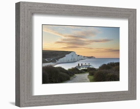 Seven Sisters and Beachy Head with coastguard cottages at sunrise in spring, Seaford Head-Stuart Black-Framed Photographic Print