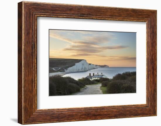 Seven Sisters and Beachy Head with coastguard cottages at sunrise in spring, Seaford Head-Stuart Black-Framed Photographic Print