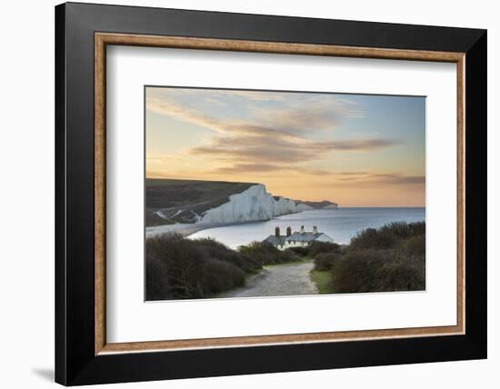 Seven Sisters and Beachy Head with coastguard cottages at sunrise in spring, Seaford Head-Stuart Black-Framed Photographic Print