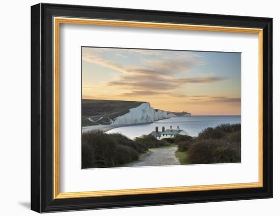 Seven Sisters and Beachy Head with coastguard cottages at sunrise in spring, Seaford Head-Stuart Black-Framed Photographic Print